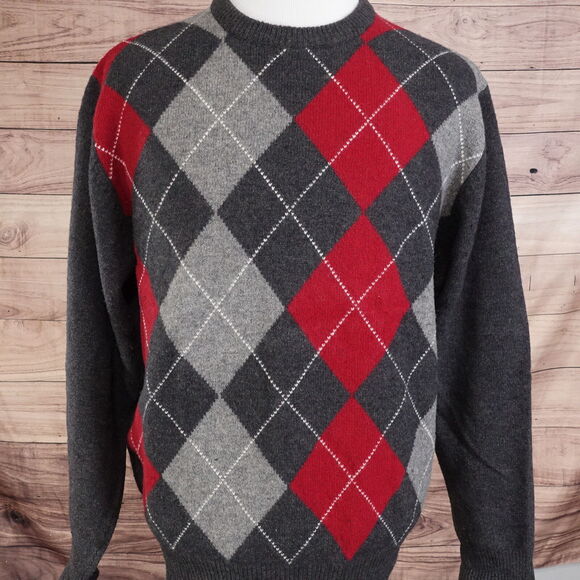 JOS A BANK LAMBSWOOL WOOL BLEND GREY RED ARGYLE PULLOVER SWEATER MENS SZ M - Picture 2 of 5